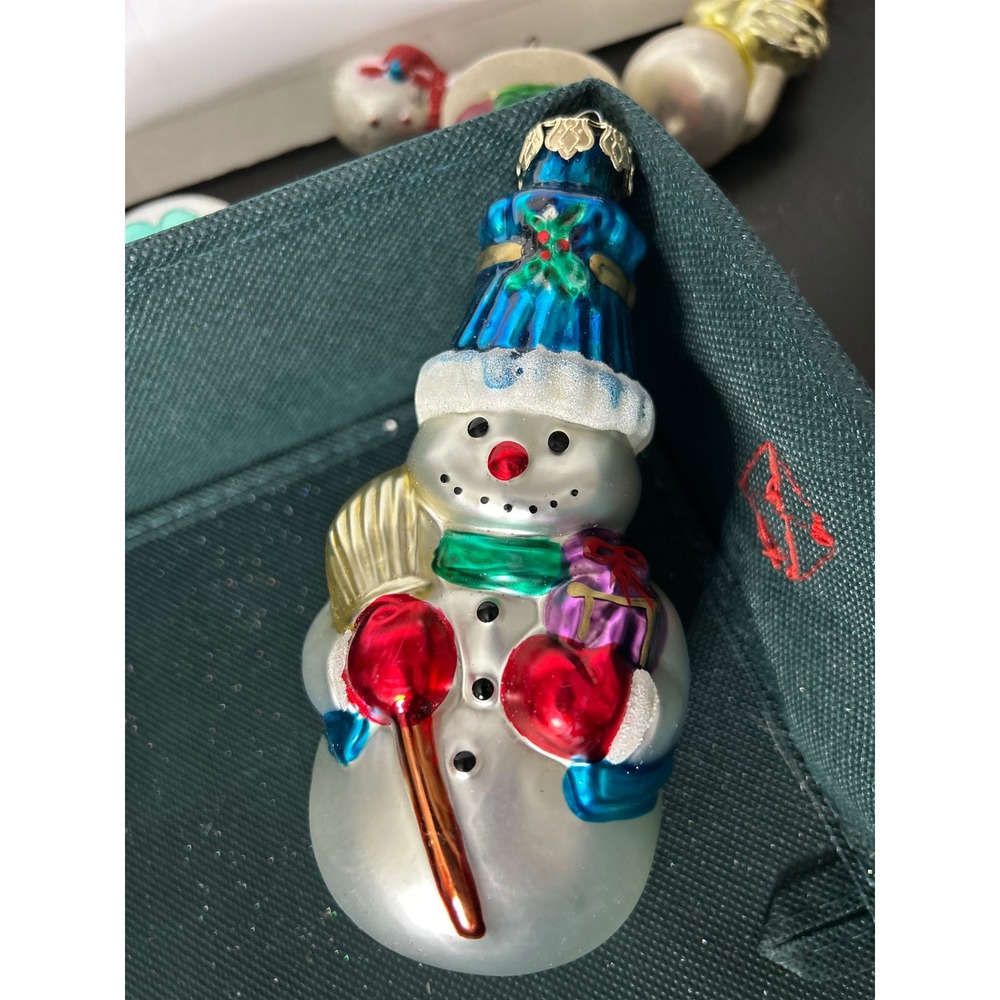 Christmas Ornament Holiday Snowman Blown Glass Blue Hat Scarf Broom Gift Vintage